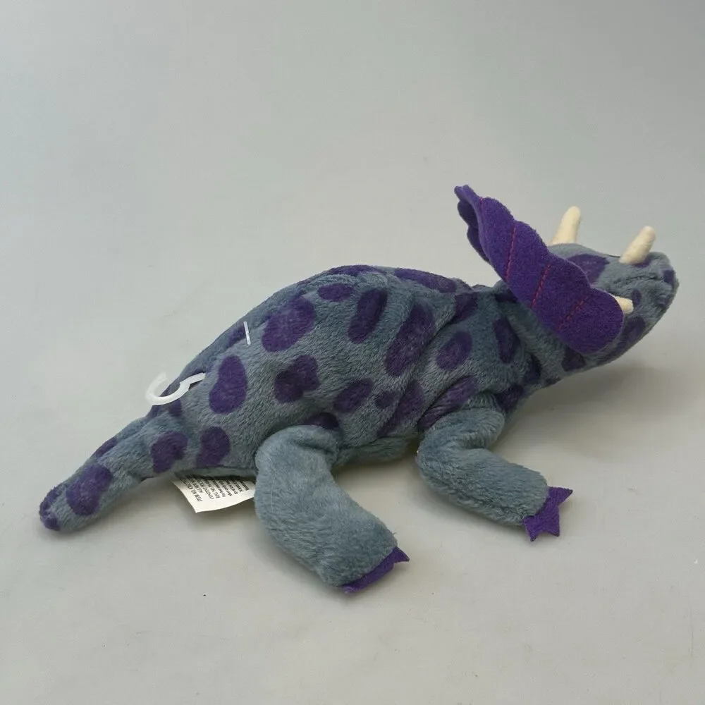 24K Company Fantasaurs 1997 Purple Triceratops Dinosaur Beanie Plush EUC